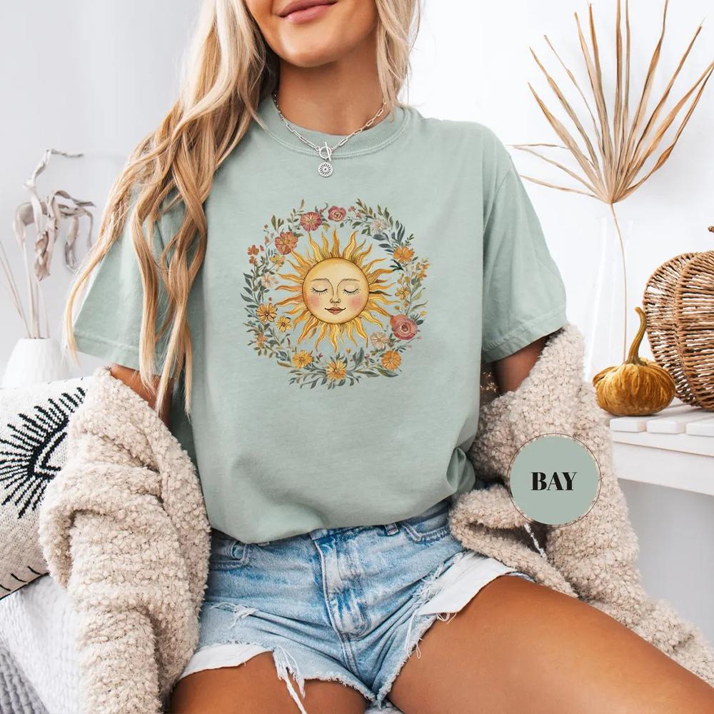 Boho Spiritual Sun Cute Bohemian Comfort TShirt Vintage Women Hippy Floral Outfit Apparel Trendy Y2K Casual Daily Streetwear