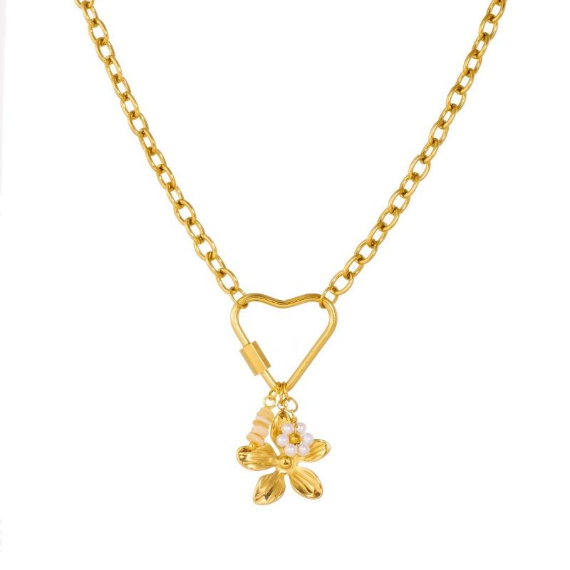 Gold Flower Pendant Necklace Heart Shaped Clasp Link Chain Necklace for Women Fashion Jewelry