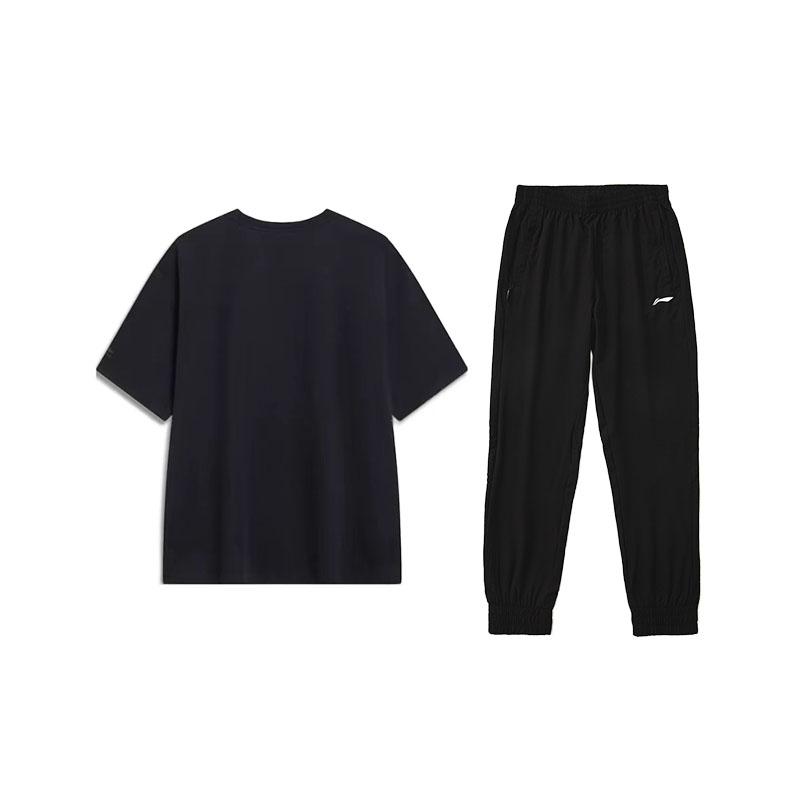 Li-Ning Weekend Youth Letter Print Loose Fit Crew Neck Short Sleeve T-Shirt And Breathable Knitted Long Pants Casual Sports Set AHSU745-1+AYKR465-1