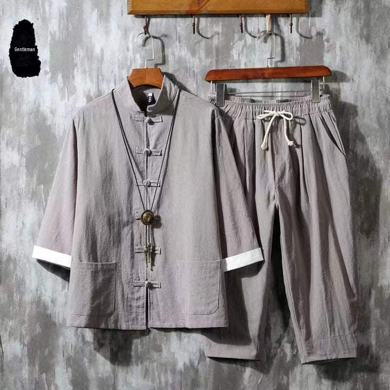 

Мужской летний китайский льняной костюм: Ретро-стиль Тан, куртка с рукавом три четверти 2XL 145-160 kg