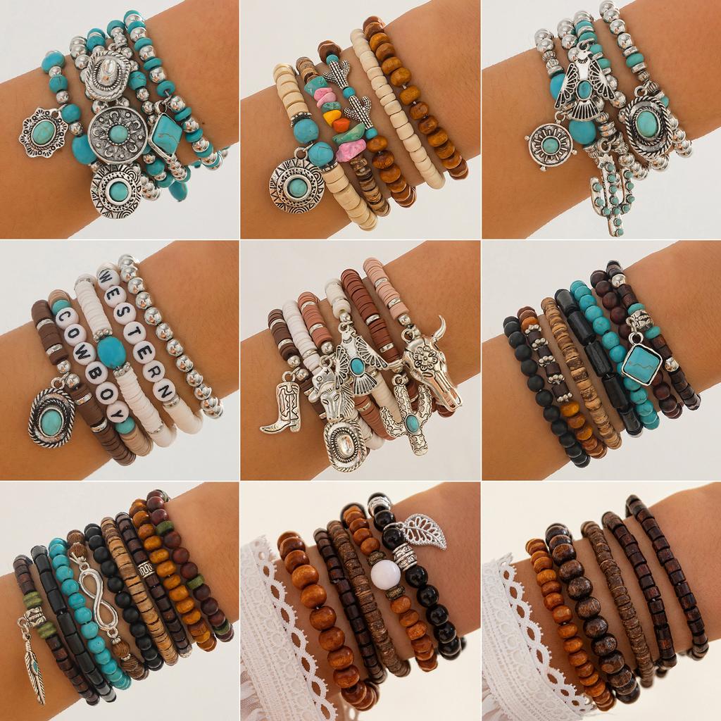 Bracelet Élastique Perles Turquoise Tête de Vache Style Ethnique Rétro Bracelet Personnalisé Maillard Perles Rondes Porté en Accumulation Bijoux