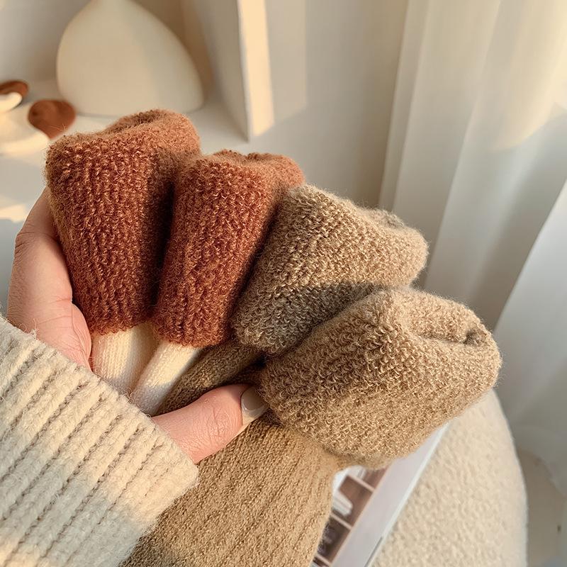 Women's Warm Cashmere Bowknot Mid-Calf Socks - Autumn/Winter Velvet, Thick Terry Cloth, Coffee Color, Over-the-Knee, Postpartum