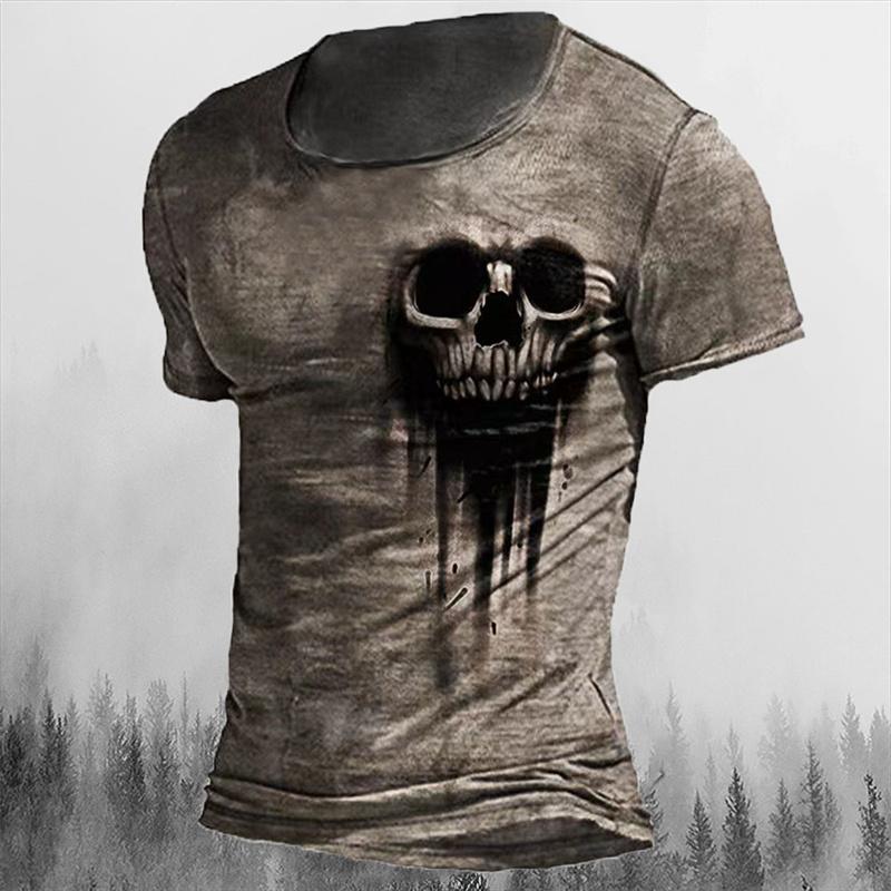 Men's Retro Skull Pattern T-shirt Horror Print Men Tops Hip-hop Rock Street Outfit O-neck Short Sleeved T-shirt Oversized Tshirt