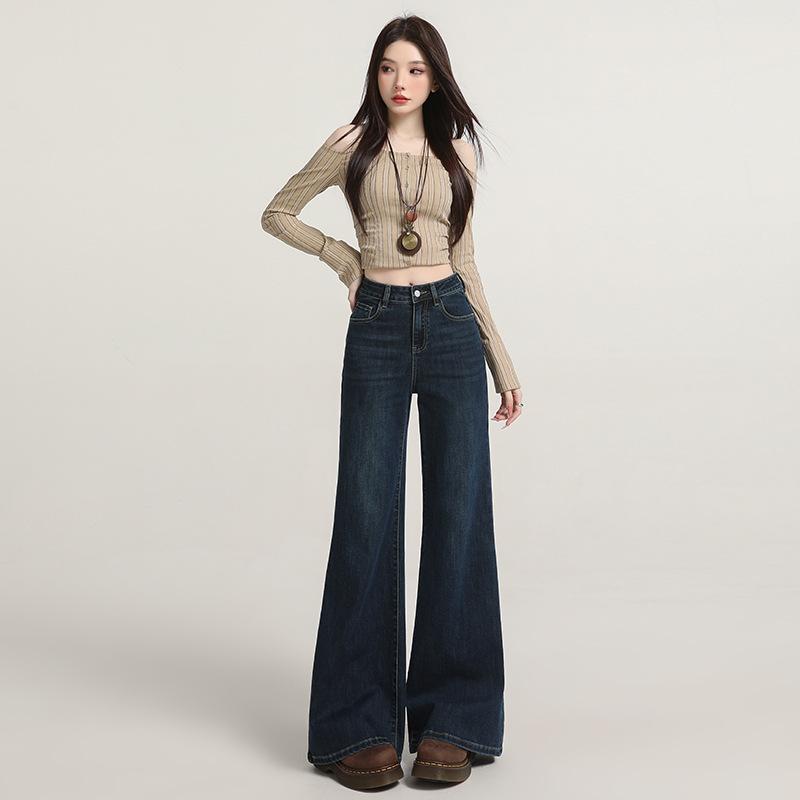 Fashion Micro-pull Jeans Women's 2026 Spring New Popular High Waist Wide Legs Loose and Thin Elastic Horn Pants