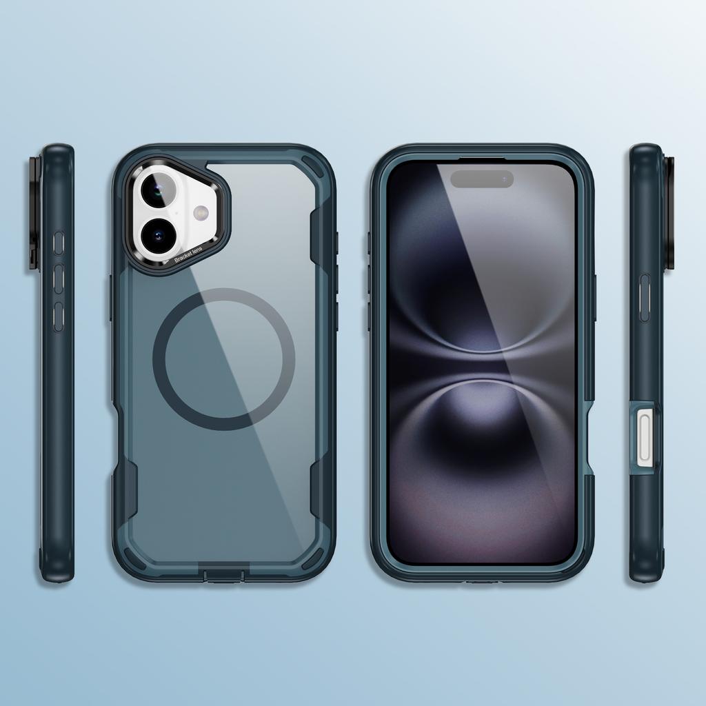 Voor iPhone 16 Hoesje Compatibel met MagSafe Lensframe Kickstand TPU + PC Schokbestendige Telefoonhoes