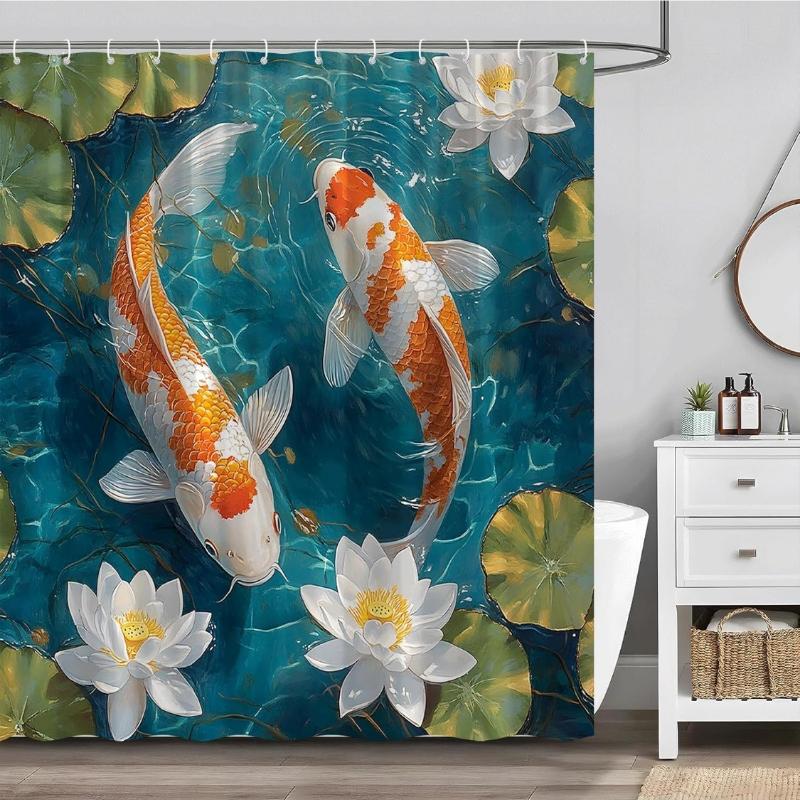 

Zen Shower Curtain Carp Lotus Japanese Spa Fish Asian Country Garden Lake Green Leaves Floral Plant Natural Landscap Vintage Art W60H190(CM)-1 Pcs