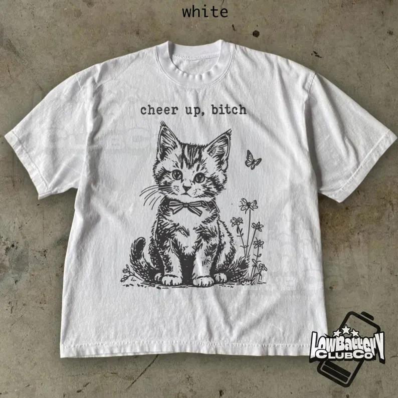 Funny Kitten Humor Tee Cute Cat Meme TShirt Vintage Sarcastic Kitty Graphic Unisex T-Shirt L