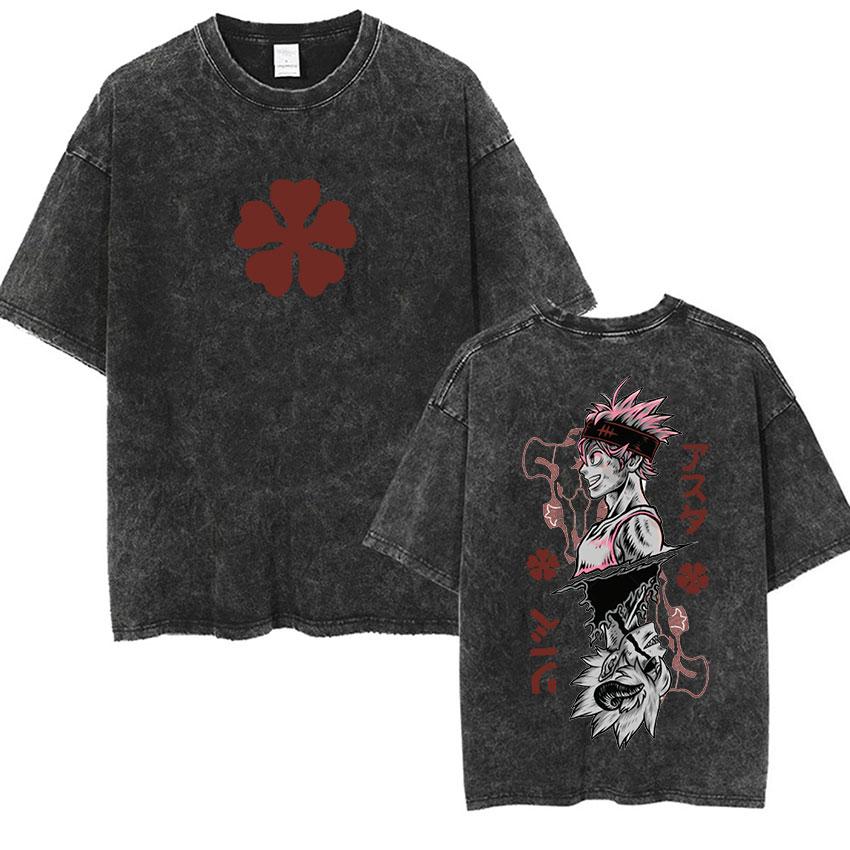 Vintage Washed Black Clover Asta Anime Oversized T-shirt Man's Fashion Loose O-Neck T-shirts Summer High Quality Cotton T Shirts