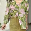 Exquisite Green Floral Chiffon Blouse - French Tea Break Style for Spring & Autumn