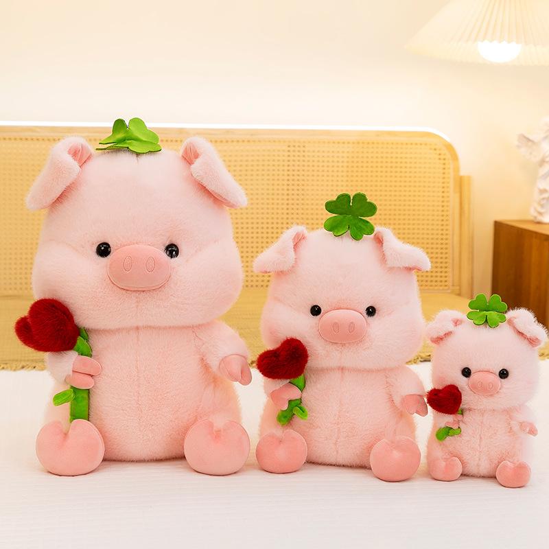 New flower holding pig plush doll cute children's accompanying doll office ornament small pink pig cloth doll