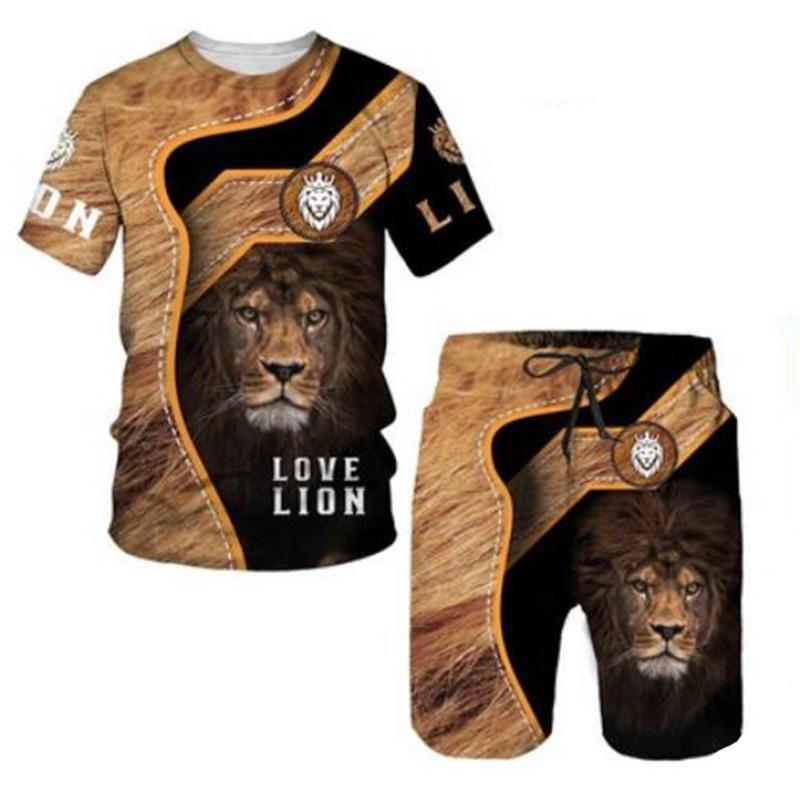 Summer Lion Animal Pattern Printed Men's Casual Comfortable Loose Short Sleeved Two-piece Sport Wear