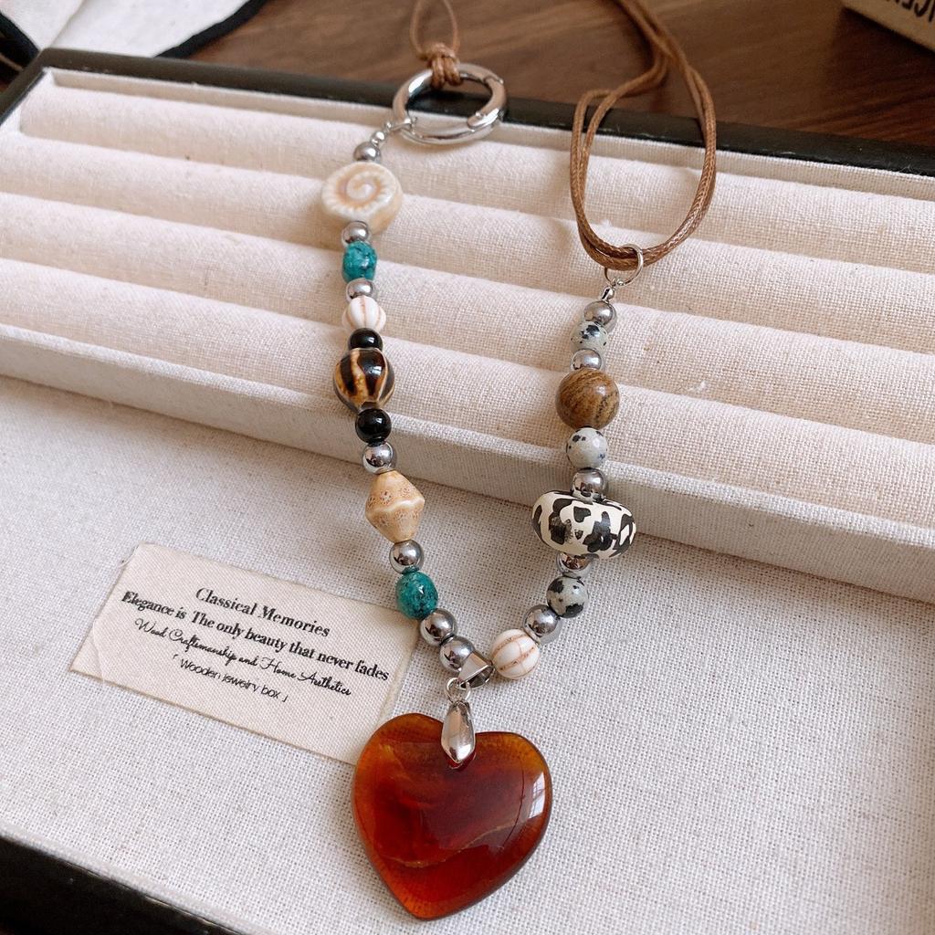 Korean fleece rope color artificial tiger's eye stone bag necklace niche design sweater chain retro necklace