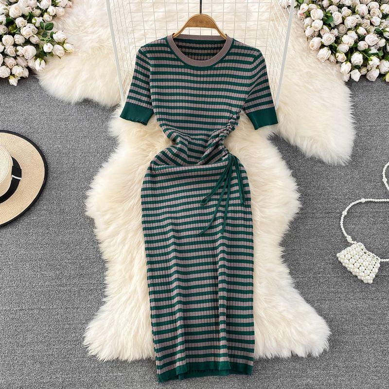 

Ruched Stripes Elegance Temperament Goddess Style Dress Green One size