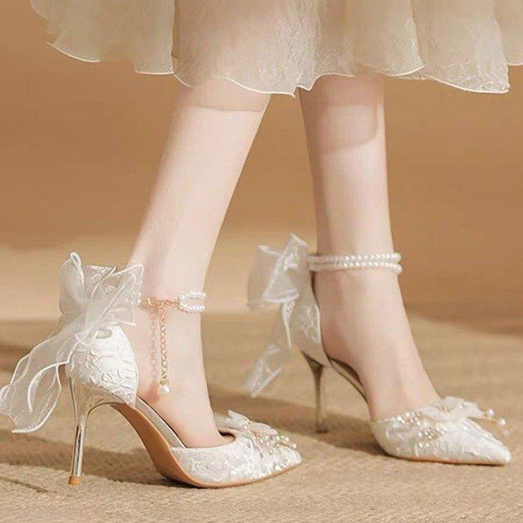 Fashion Fashion High Heels Spring Women's Stiletto Pearls Ankle Buckle Bride Shoes Bow Fashion 6cm 8cm Thin Heeled Wedding Pumps Shoes