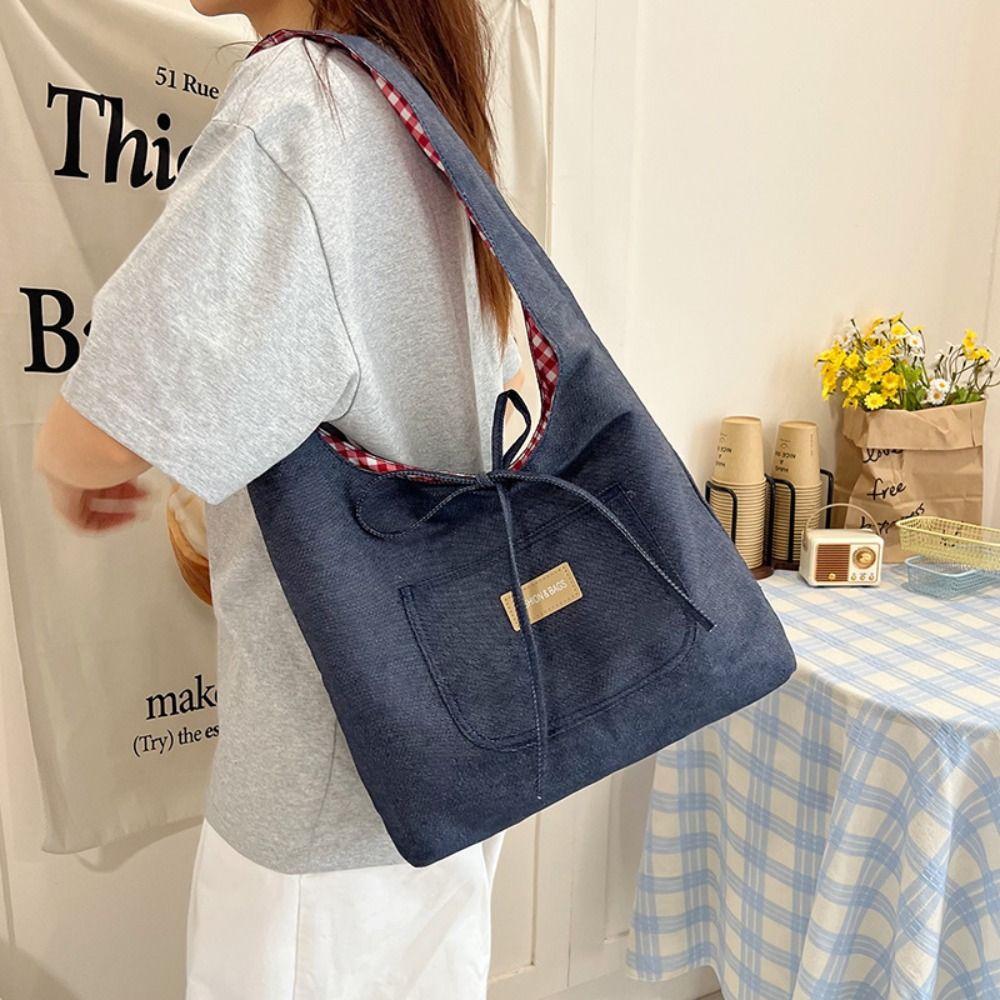 Lattice Denim Shoulder Bag Cloth Canvas Tote Bag Vintage Double Sided Plaid Denim Vest Bag  Women