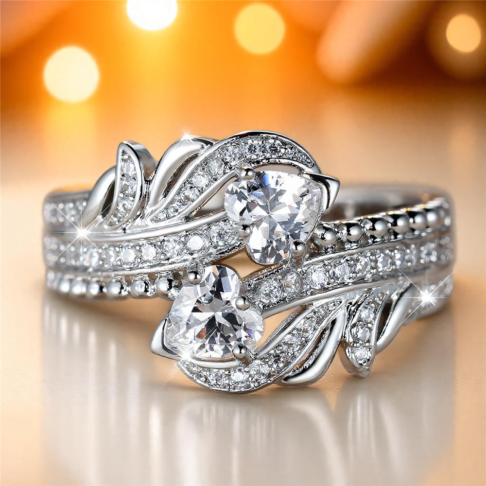 Cute Female White Zircon Love Heart Stone Silver Color Wedding Jewelry Promise Engagement Rings For Women