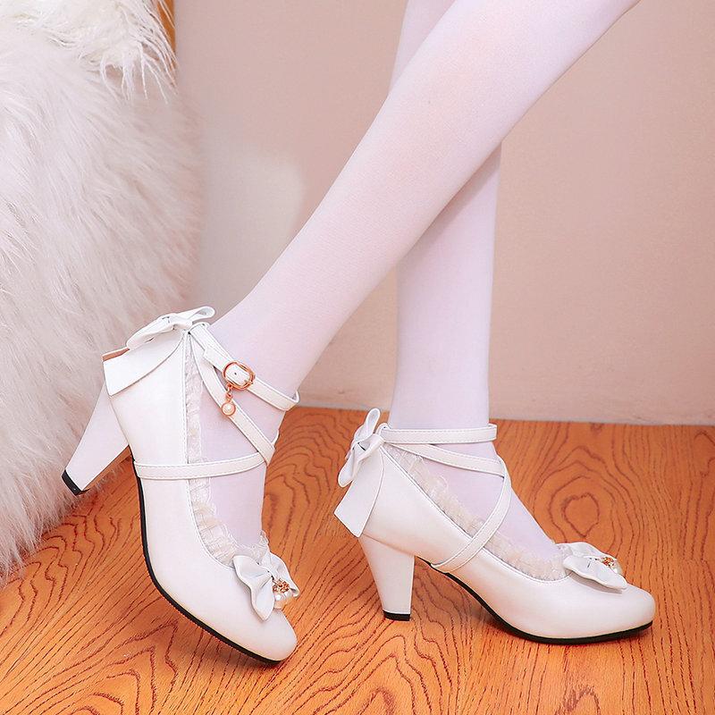 Japanese Soft Girl Mary Jane Shoes Thick Heel High Heel Lolita Sandals Lace Bow Girl Shoes Student Shoes Single Shoes
