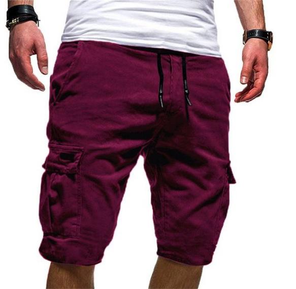 Herren Shorts Casual Einfarbig Elastische Taille Kordelzug Multi Pocket Design Outdoor Mittelhose Gerade Hose