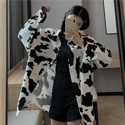 Plus Size Cow Print Woman Blouses Harajuku Colorblock Cartoon Button Up Shirt Loose Long Sleeve Casual Vintage Tops Streetwear