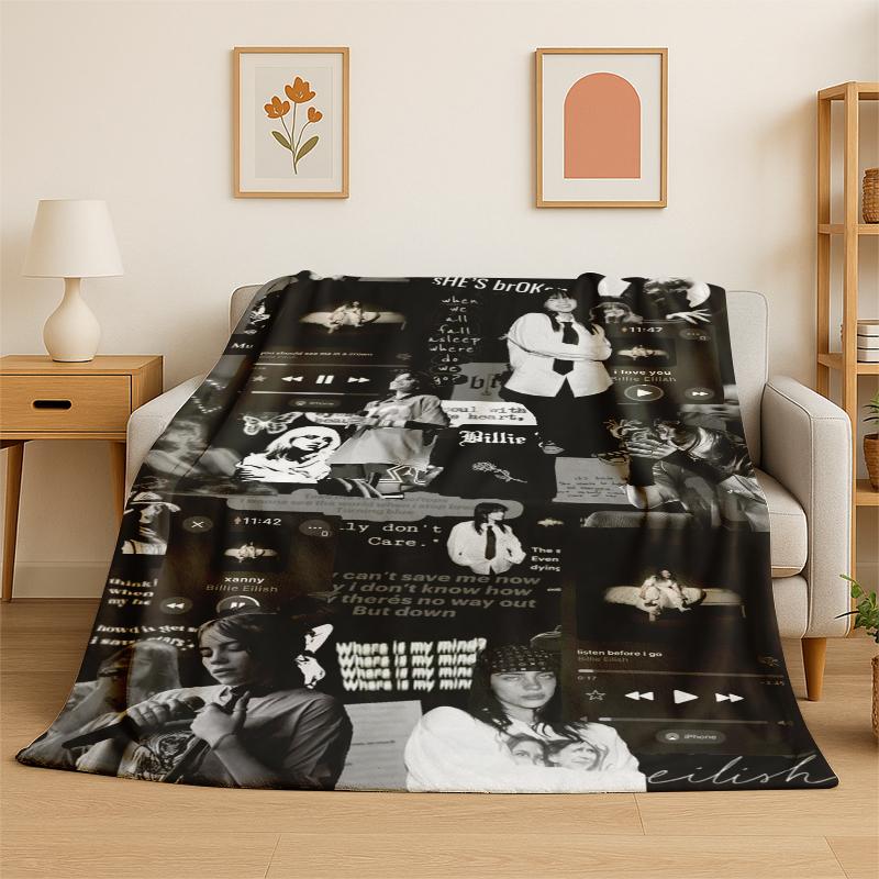 3D Billie Eilish Singer Star Flannel Blanket Soft Warm Throw Blanket for Bedroom Living Room Bed Travel Camping Picnic Gift
