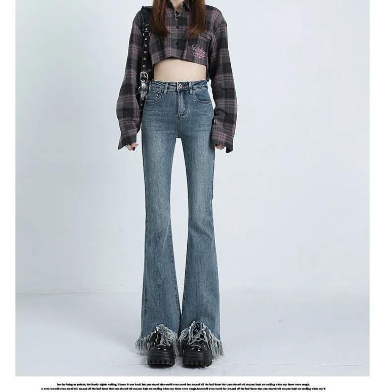 Retro Fashion Autumn Winner Flare Jeans Women Distressed Edge Tassel Pockets Zipper Elastic High Waist Slim Full Length Pants