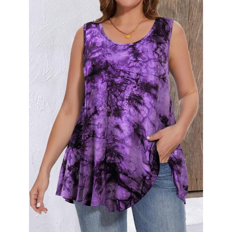Übergröße Damen Ärmelloses Batik-Tanktop Lockerer Schnitt Lässig Bequem Modisch Schwarz Grau Vielseitig Sommer-Essential