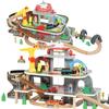 79 Piece Wooden Train Set, Kids Train Track Mine Themed with Crane, Helicopter
