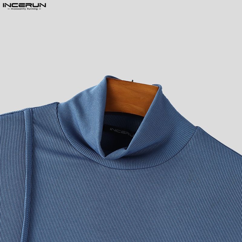 INCERUN Men High Neck Long Sleeve Rib Side Splits Casual Fitted Tops T-shirts Undershirts
