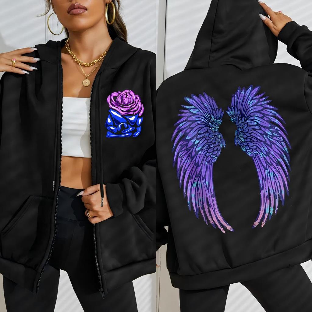 Cool Fialová Kreativní Křídla Potisk Růží Dámská Mikina se Zipem Módní Volný Sportovní Oděv Ležérní Fleecová Mikina Podzimní Tepláková Souprava