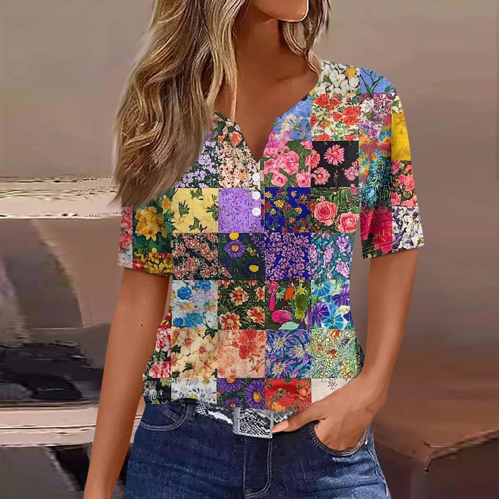 Women's T Shirt Tee Print Button Short Sleeve Daily Weekend Fashion Basic V- Neck Regular Top