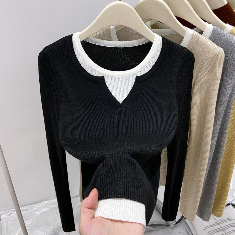

Women s Color Block V-Neck Two-Piece Sweater: Cozy Autumn/Winter Long-Sleeve Knitted Top чёрный