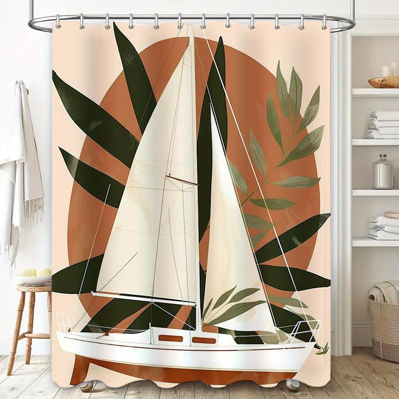 Nautical Boat Sailboat Print Shower Curtain Greenery Decor Bath Linen Waterproof Fabric for Home Bathroom DecorationsOrange Whit
