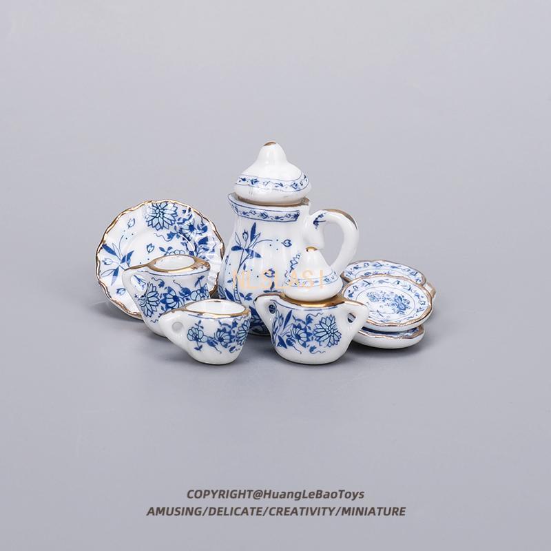 15PCS Mini Tea Set Model/Children's Day Gift/Miniature Tea Cup and Teapot Accessories/Ceramic Ornaments/Blue and White Porcelain