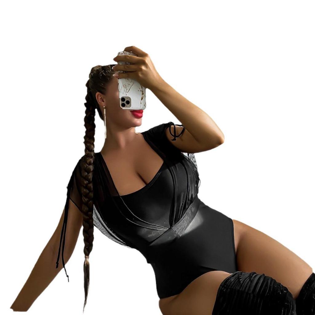 Shencai Salopetă Sexy Stil European & American cu Talie Înaltă Culoare Solidă cu Top V-gât din Plasă, Articol Fierbinte X08