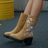 Embroidered Platform Block Heel Single Boots Autumn New Round Toe Suede Non-Slip Wear-Resistant Side Zip Mid-Tube Boots