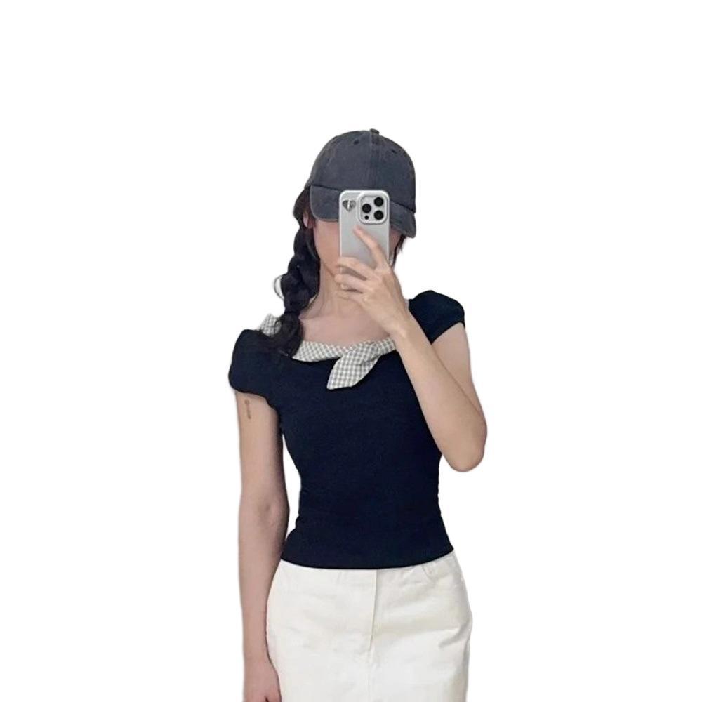 Korean Style Plaid Bow Patchwork T-shirt - Summer 2025 Casual Short Sleeve Top