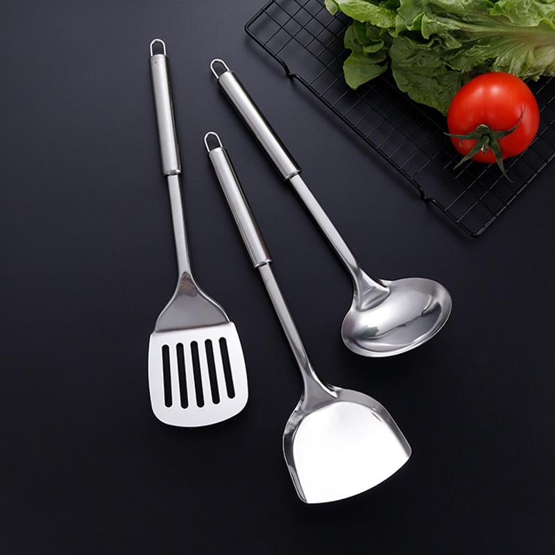 Stainless Steel Kitchenware Set: Spatula, Soup Ladle, Anti-Scald Stir-Fry Spatula, Frying Spatula, Large Slotted Spoon with Round Tube Handle.