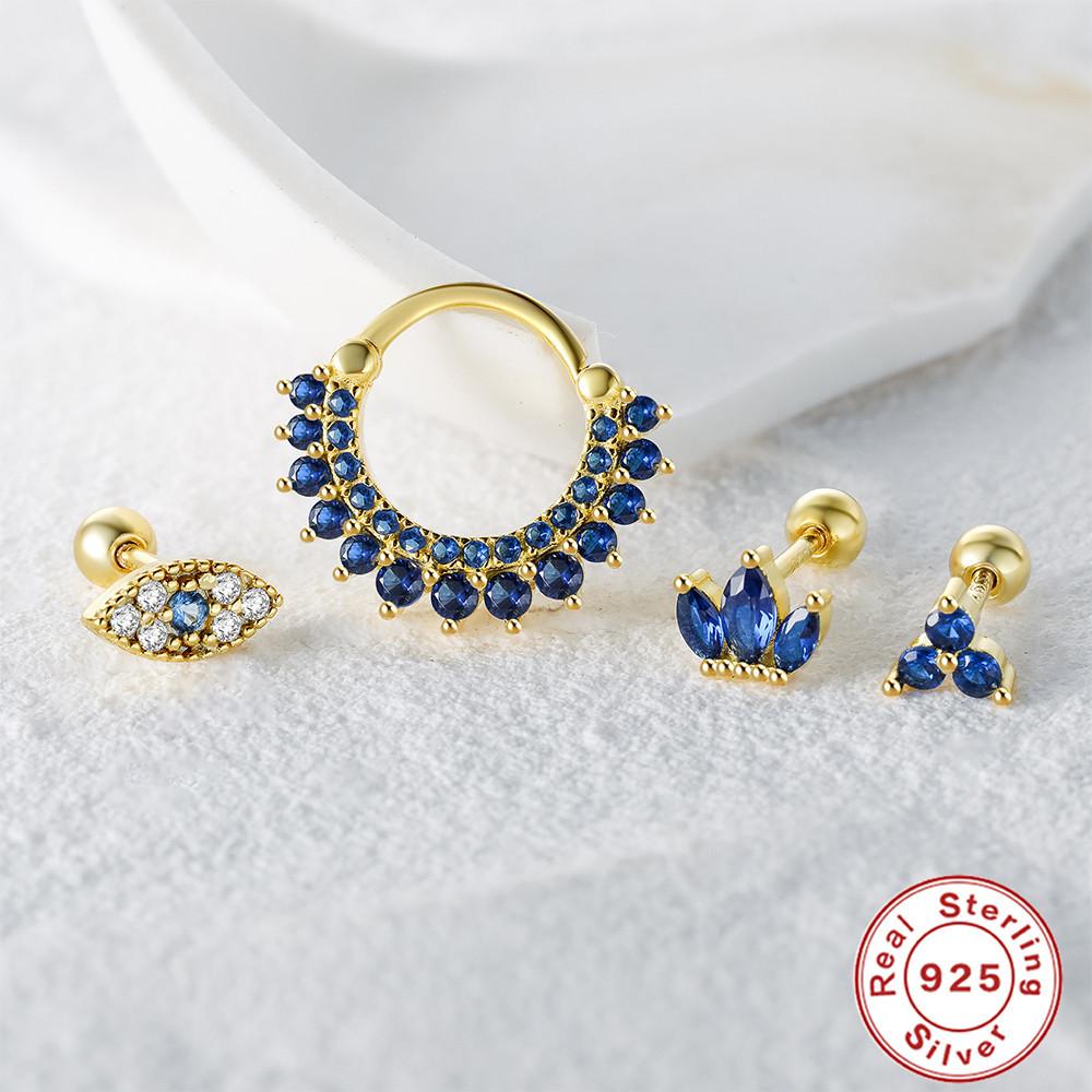 S925 Sterling Silver Devil'S Eye Zircon Diamond Piercing Jewelry Threaded Earrings Temperament Earrings