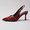 Sandals Women Summer Women's High Heels Metal Belt Buckle Decorative Burgundy Sexy Pointed Kitten and Fashion Banquet Sandals