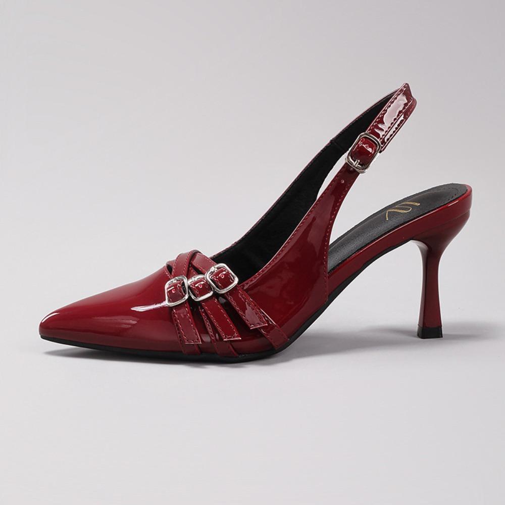 Sandals Women Summer Women's High Heels Metal Belt Buckle Decorative Burgundy Sexy Pointed Kitten and Fashion Banquet Sandals