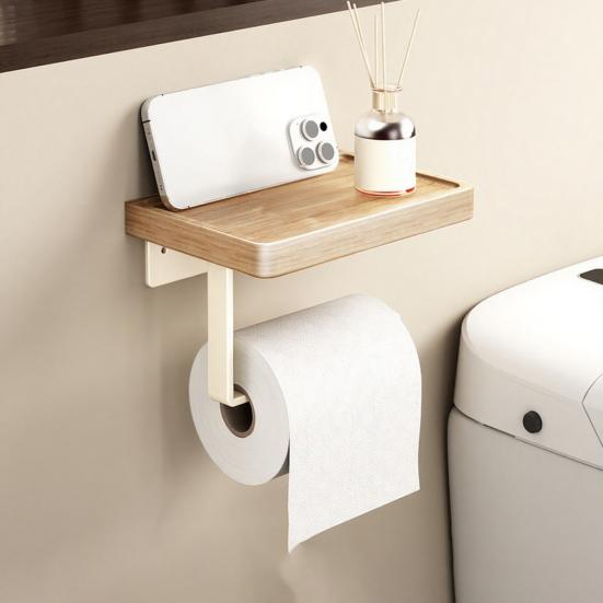 Wall Storage Rack Strong Load-Bearing Wall-Mounted Organizer with Rounded Paper Outlet Smooth Pull-Out Multifunctional Wood Metal Bathroom Shelf