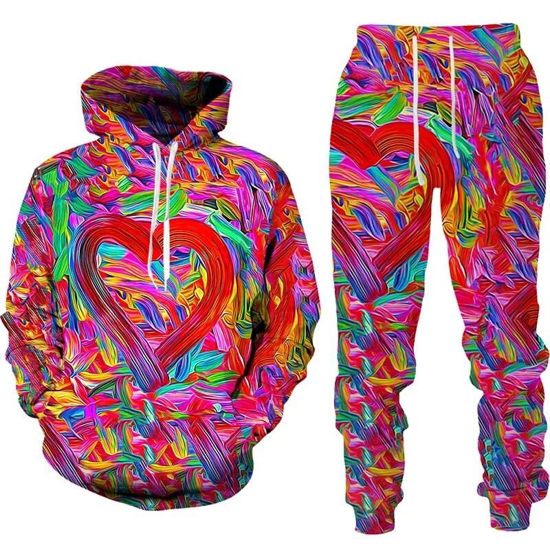 Men Hoodies 3D Print Sweet Love Heart Men Tracksuit Sets Fashion Casual Hoodie Pants Two Piece Set Men Sweatshirt Clothing Sets