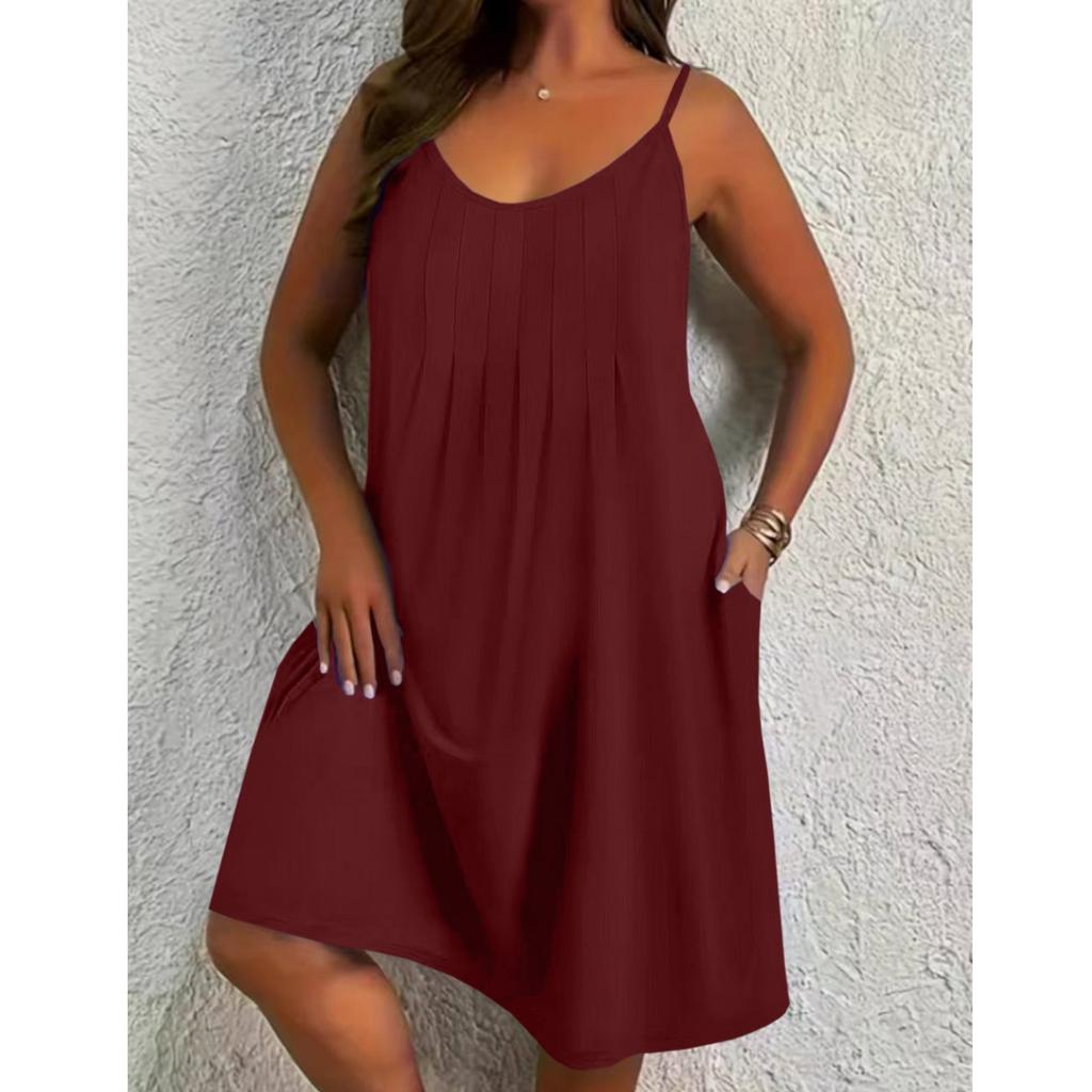 Women's Plus Size Casual Color Round Neck Sleeveless Pleated Camisole With Pocket Dress