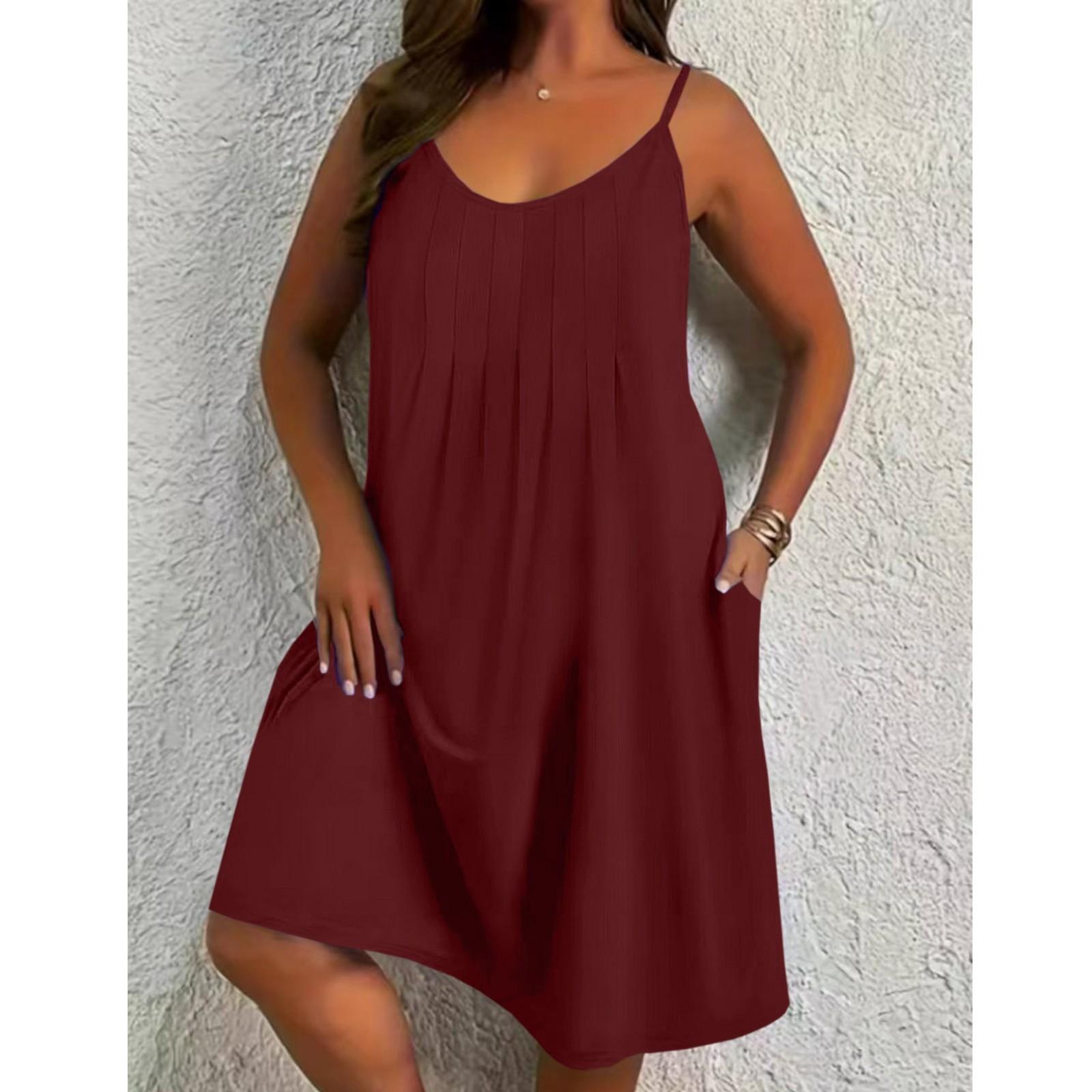 

Women s Plus Size Casual Solid Color Round Neck Sleeveless Pleated Camisole With Pocket Dress XL винный