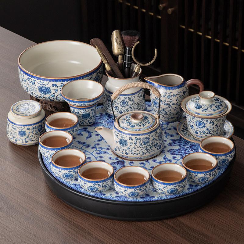 New Ru Kiln Ceramic Kung Fu Tea Set Tea Table A complete set of home office teapot tea cup tea tray set