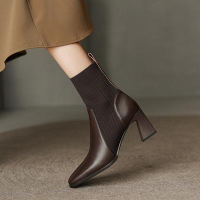Retro Square Skinny Boots Kleine Stiefel mit hohem Absatz Strick-Stiefeletten Temperament Fly Knit Sockenstiefel mit dickem Absatz