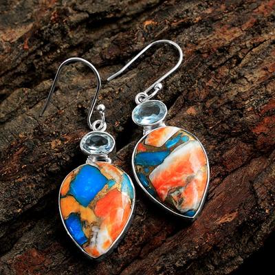 Oyster Copper Turquoise Earring, Blue Topaz Earring, 925 Sterling Silver, Handmade Jewelry, Silver Earring