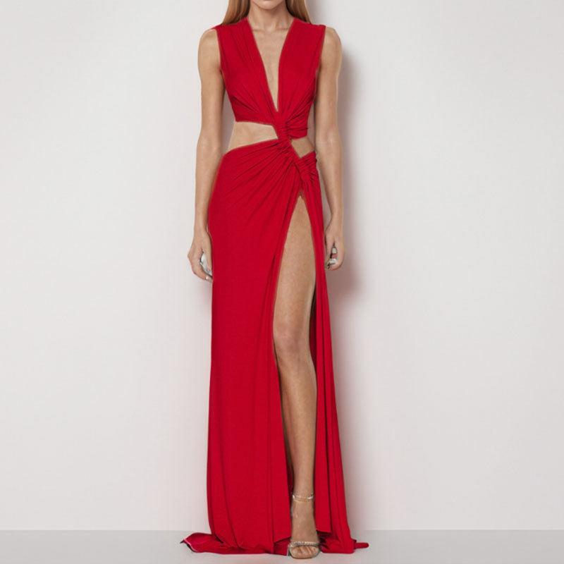 Women's clothing, new spring models, sexy solid color hollow knot V-neck dress