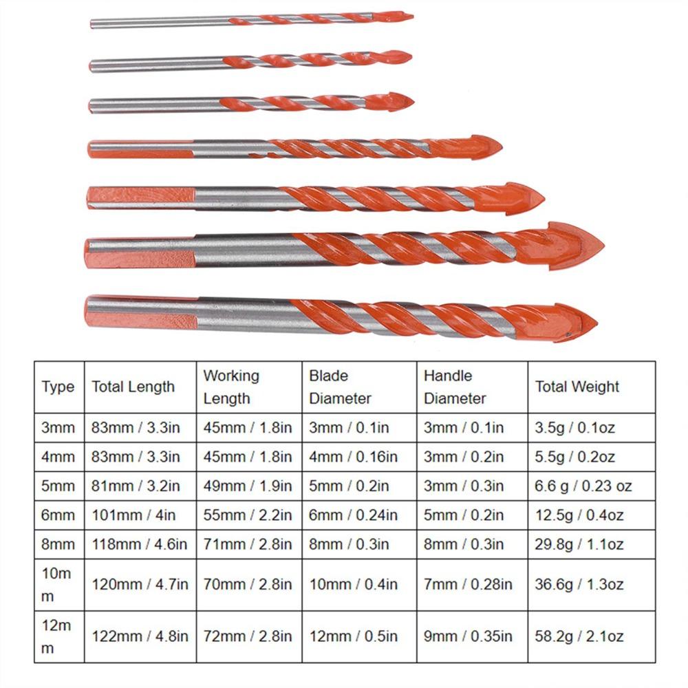 7 Pcs 3, 4, 5, 6, 8, 10, 12mm Multi-Material Drill Bits
