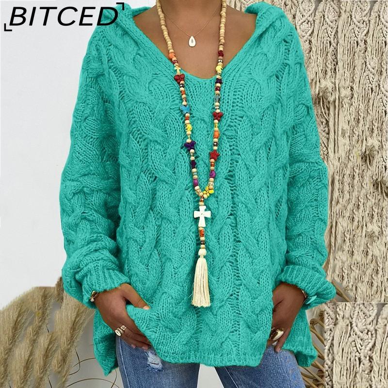 BITCED Fall/Winter Solid Color Cable-Knit Hoodie Sweatshirt for Women